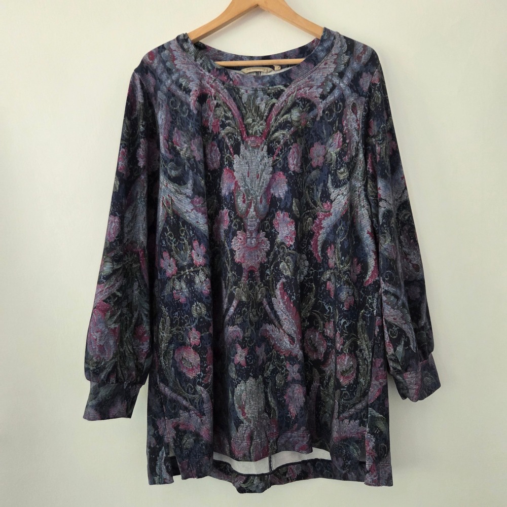 Soft Surroundings Tunic Blue Purple Damask Floral French Terry Mens 1X